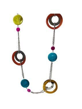 Retro Colorful Acrylic Metal Chain Necklace Circle Disc Accents Fashion Jewelry